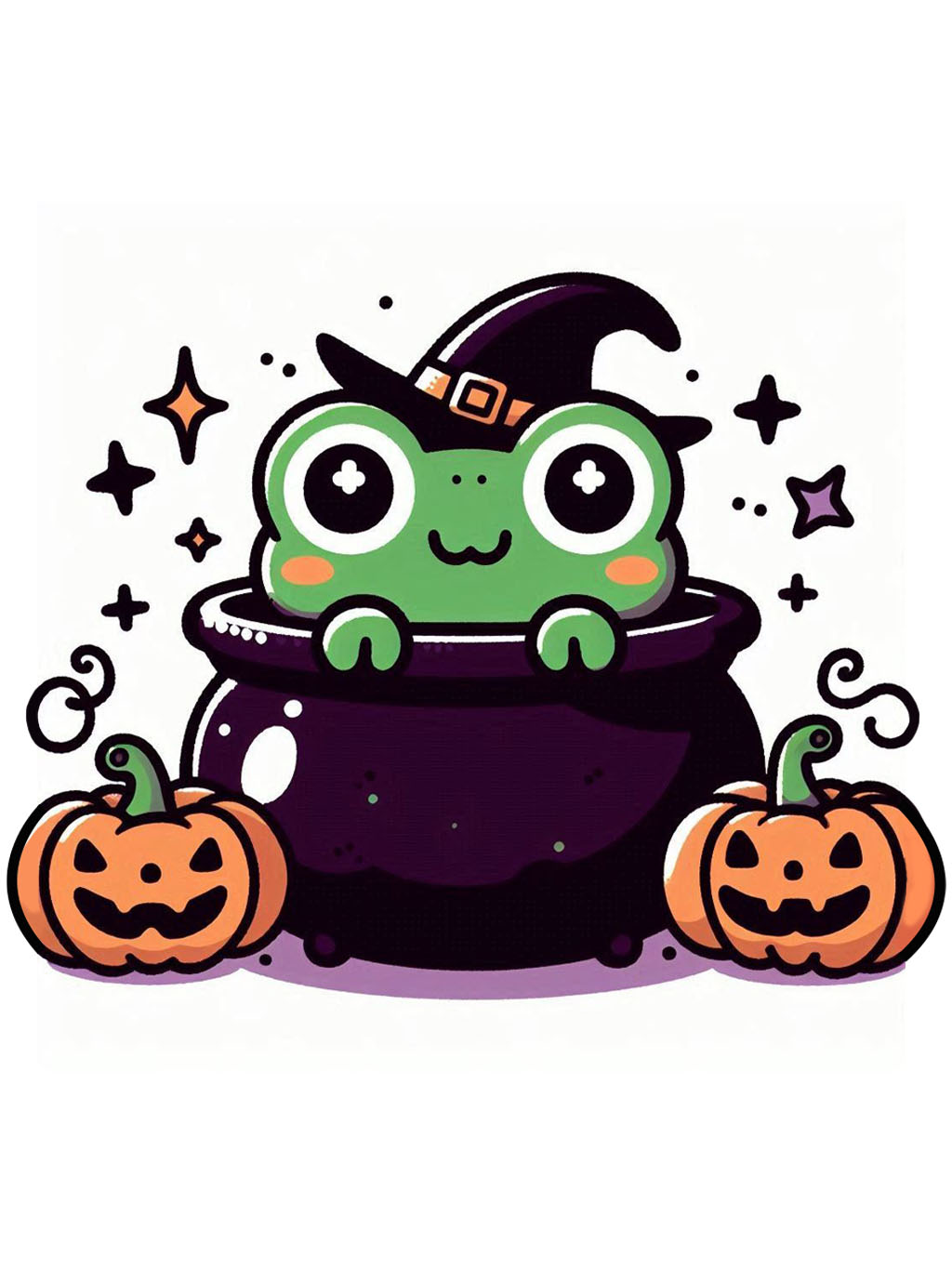 halloween frog drawing ideas, featuring a frog in a witch hat sitting in a cauldron, surrounded by pumpkins and magical stars.